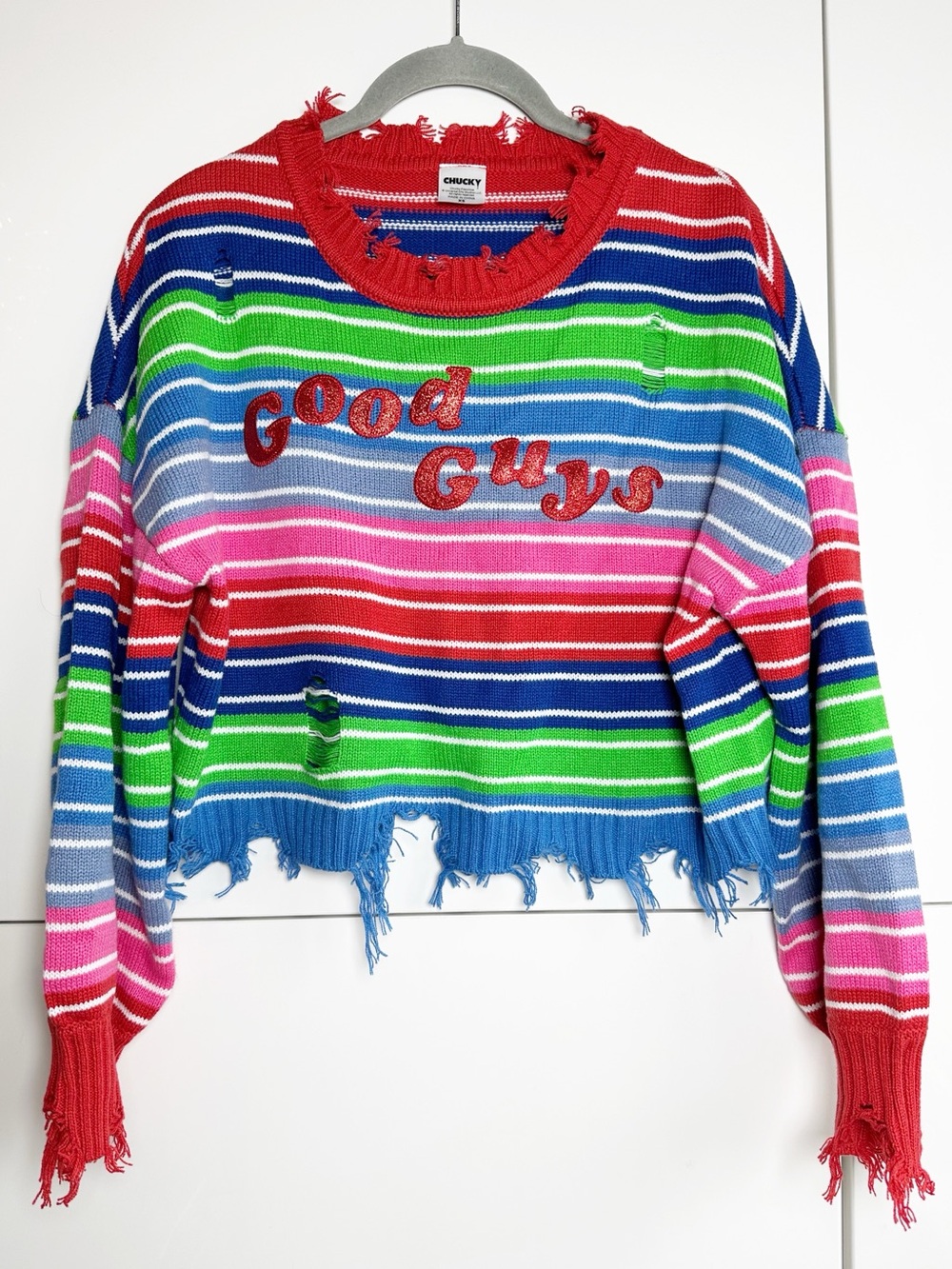 Chucky Women’s Cropped Striped Sweater Good Guys XS Distressed Halloween
